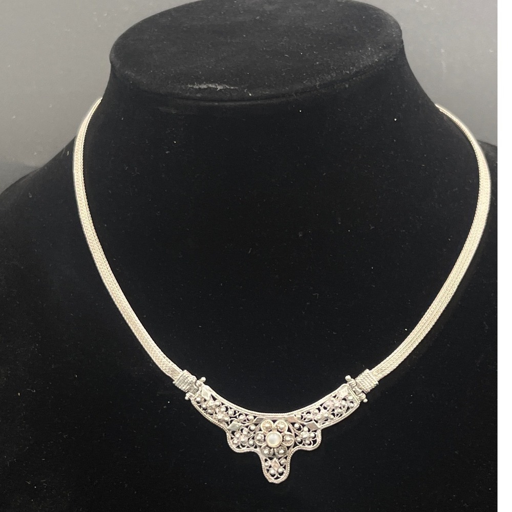 Sterling Silver 925 Filigree Moonstone Mesh Chain Collar Necklace Vtg Art Deco